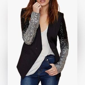 Women’s Sequin Sparkle Sleeve Black Blazer Jacket Large